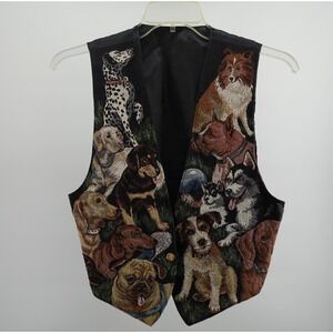 Vintage Dog Breed Tapestry Vest Black Multi Color Woven Puppy Print Cinch Back